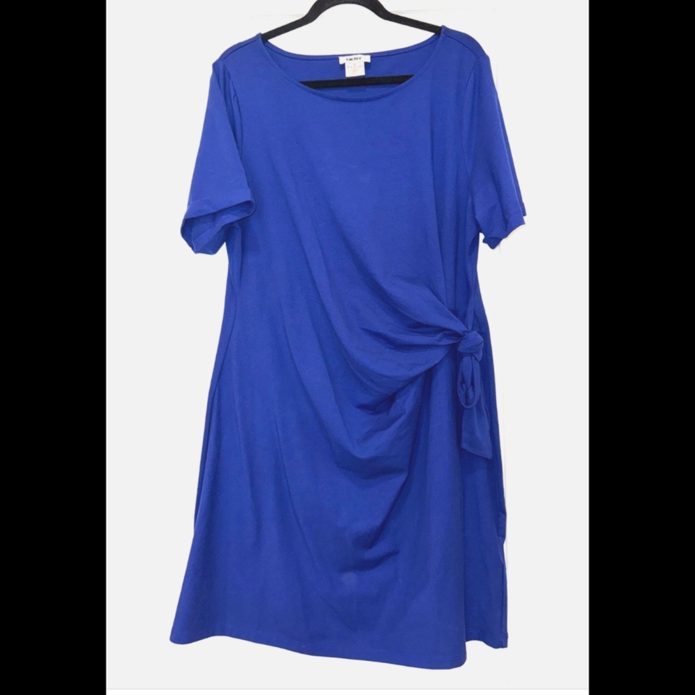 DKNY Blue Cotton Stretch Tshirt Side Knot Navy Blue Midi Dress Size XL